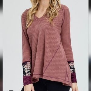 Free People Brown Long Sleeve Top with Lace Accents